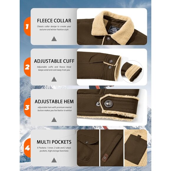 Mens Brown AI Winter Sherpa Lined Jacket Warm Trucker Coat Multi Pocket - Picture 6 of 7